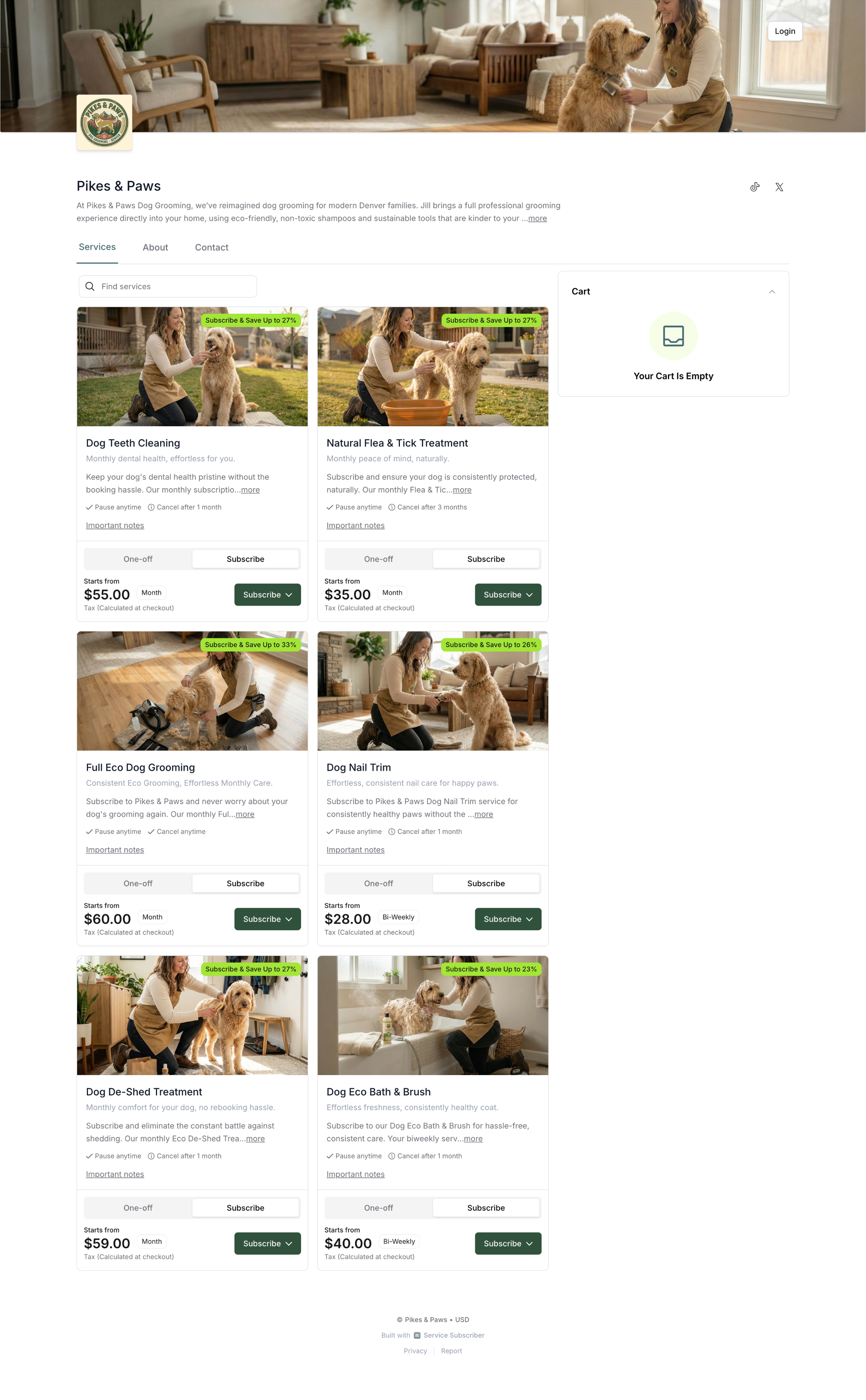 ServiceSubscriber page preview showing branded service page