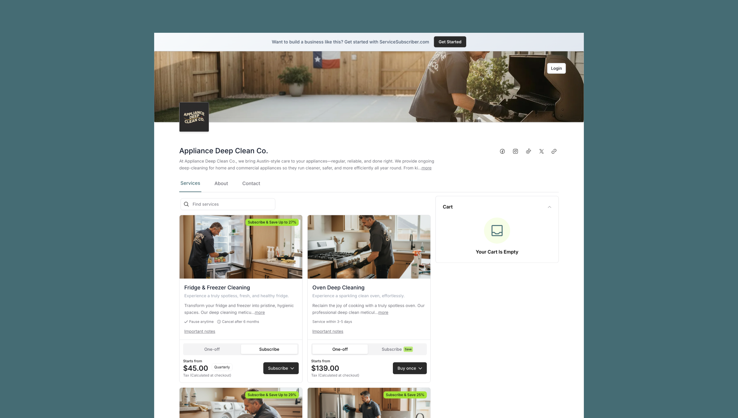 Example appliance cleaning business page built on ServiceSubscriber showing services, pricing and subscription options