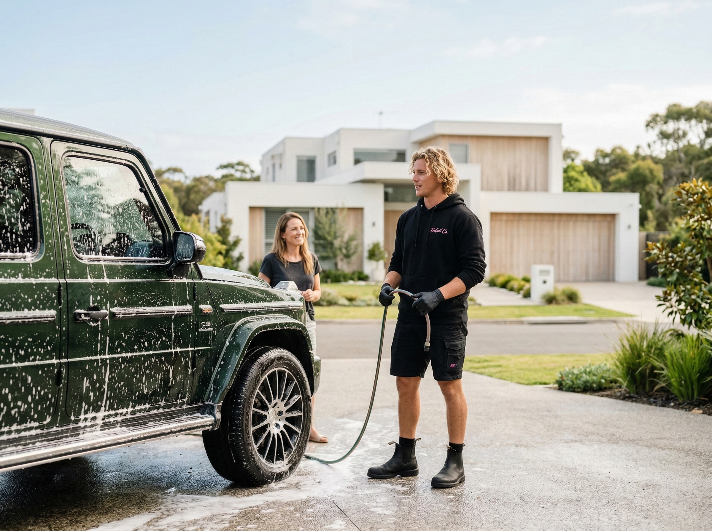 Professional mobile car detailer cleaning a vehicle at a residential property in Australia
