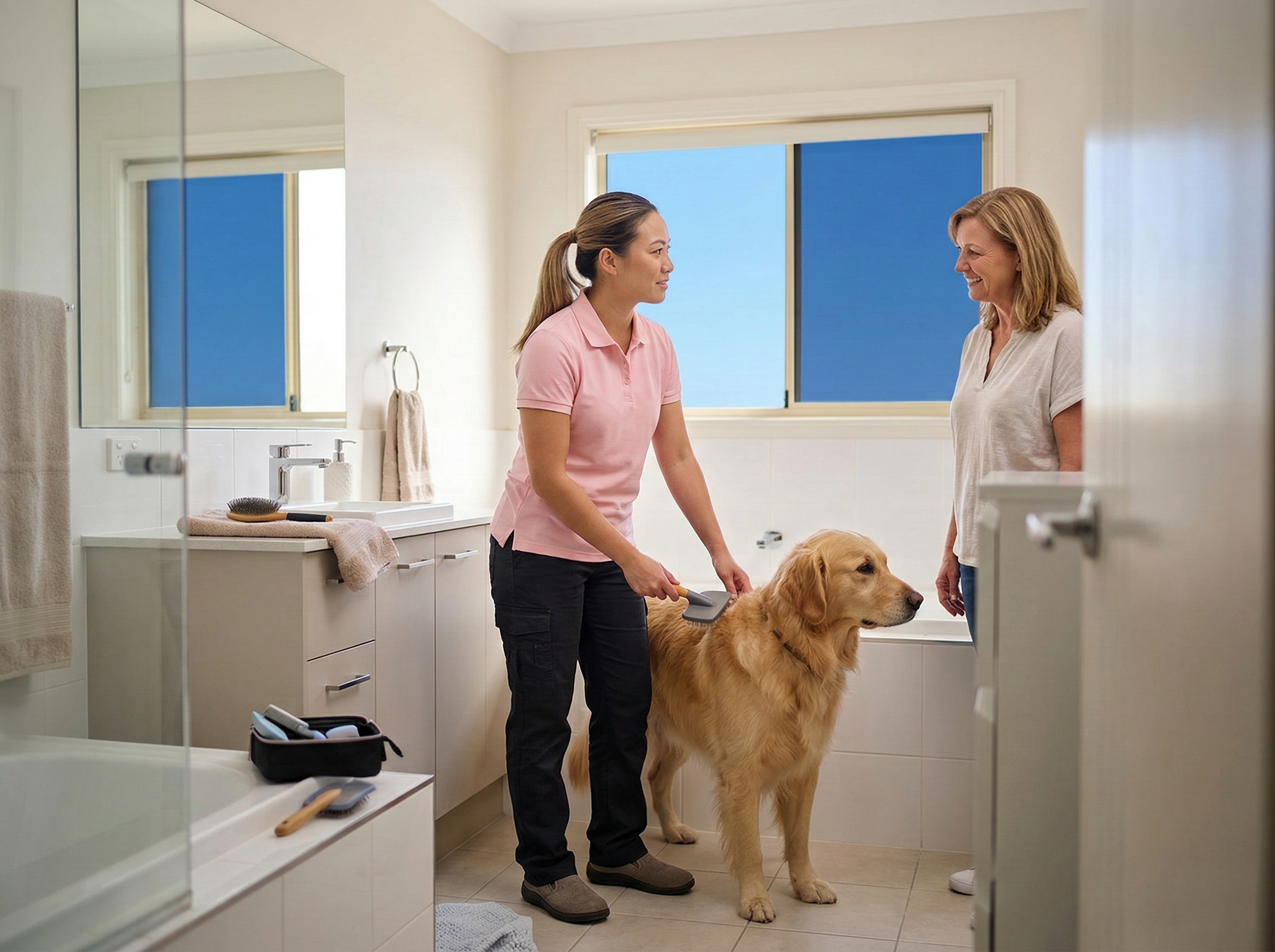 Professional dog groomer washing and grooming a happy dog