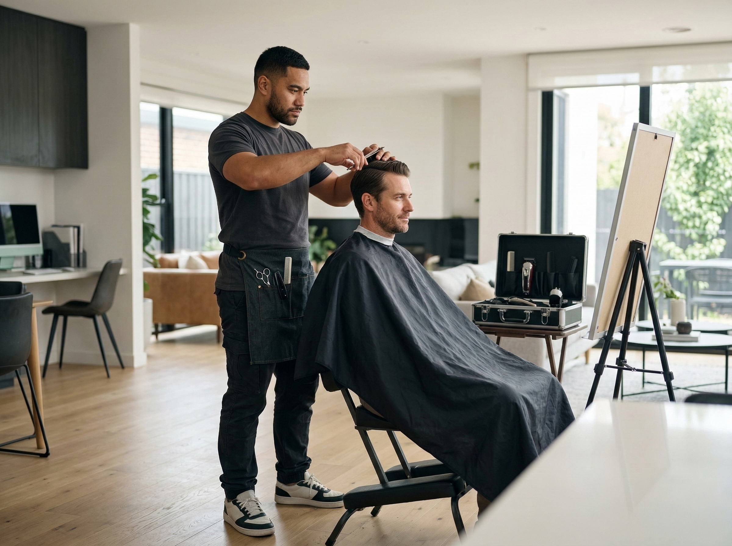 Professional mobile barber cutting hair at a client's home in Australia