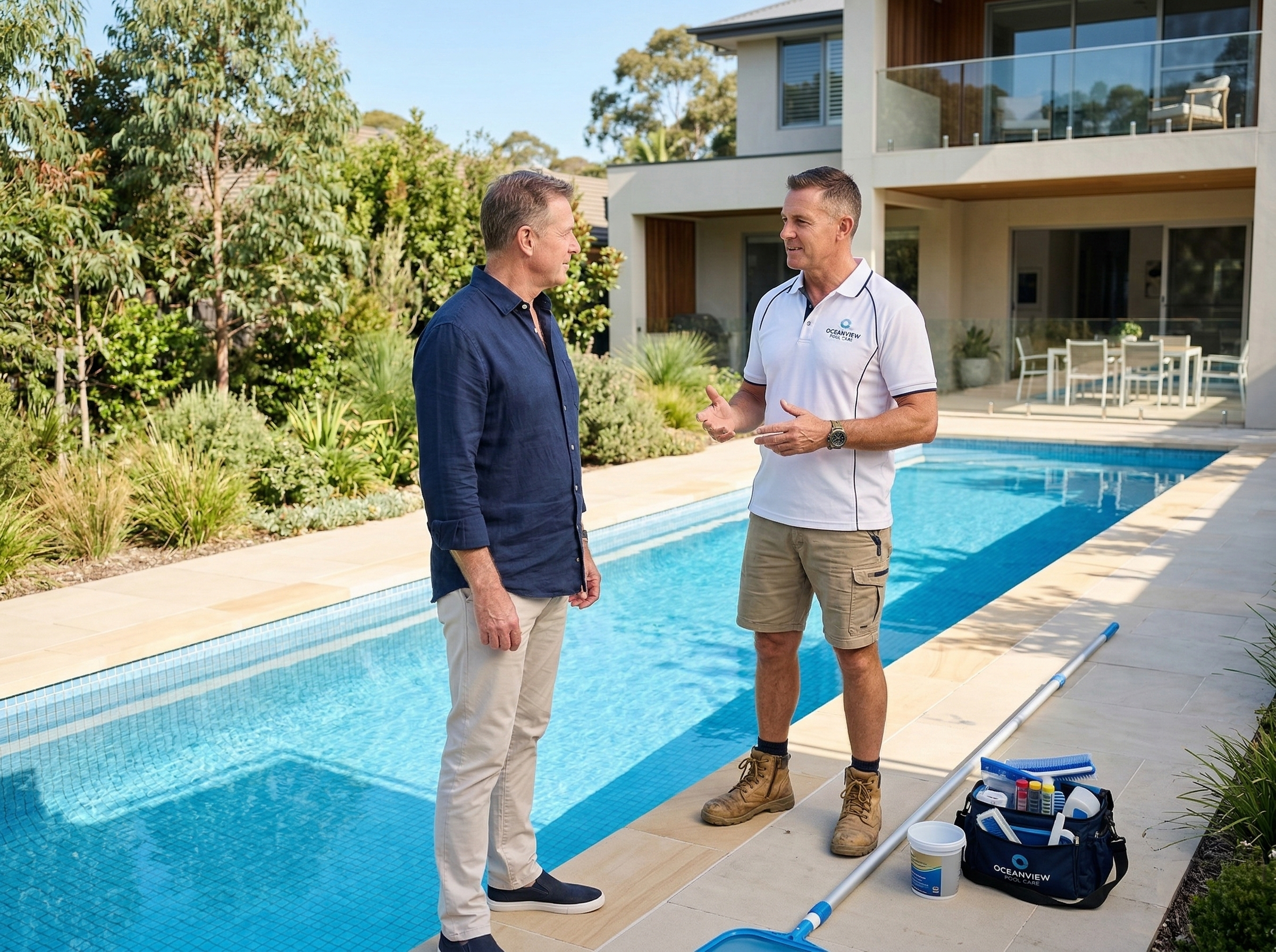 Mobile pool cleaning technician servicing a residential pool in Australia