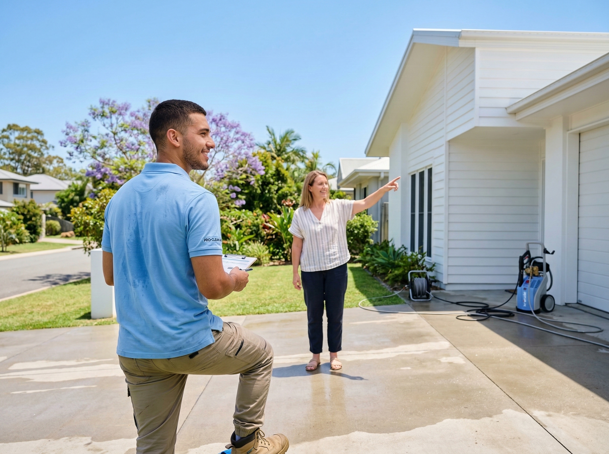 Professional pressure washing a residential driveway in Australia