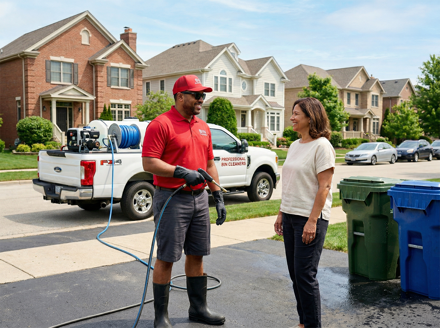 Professional trash can cleaning operator servicing residential bins