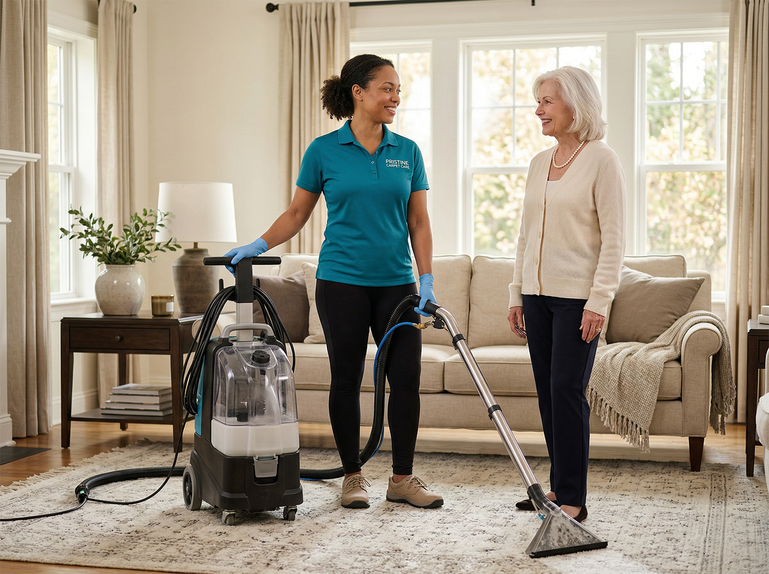 Professional carpet cleaning technician operating hot water extraction equipment in a residential home