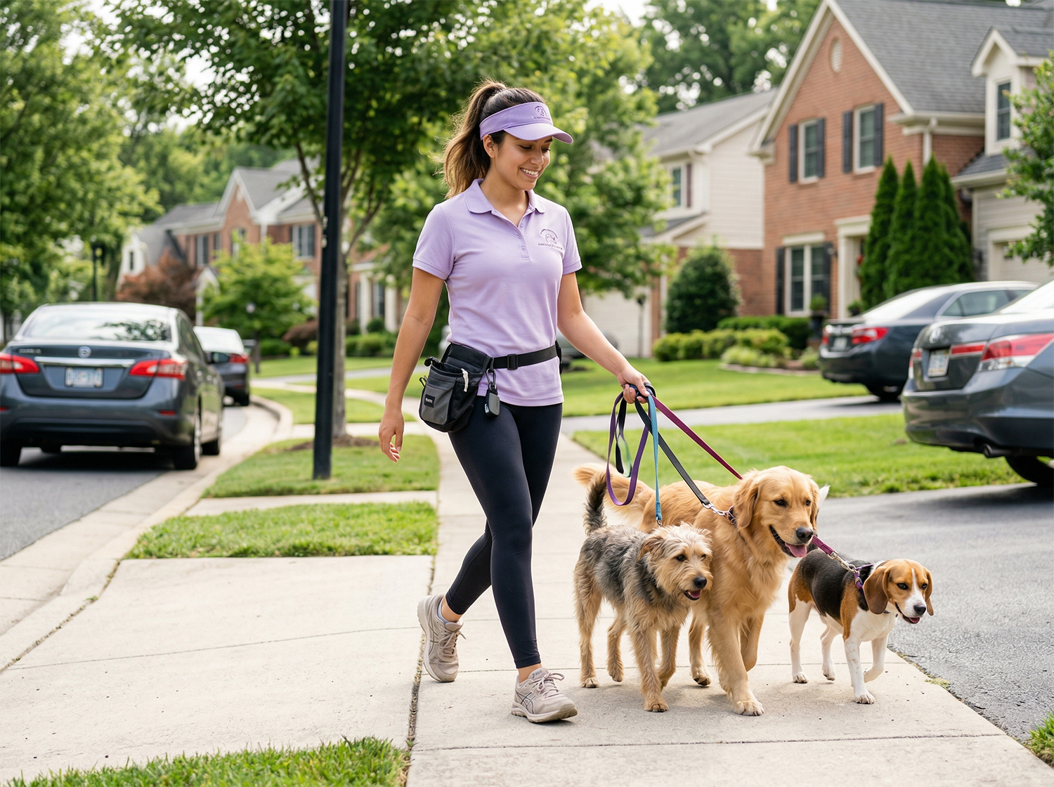 Professional dog walker with multiple dogs in a residential neighborhood