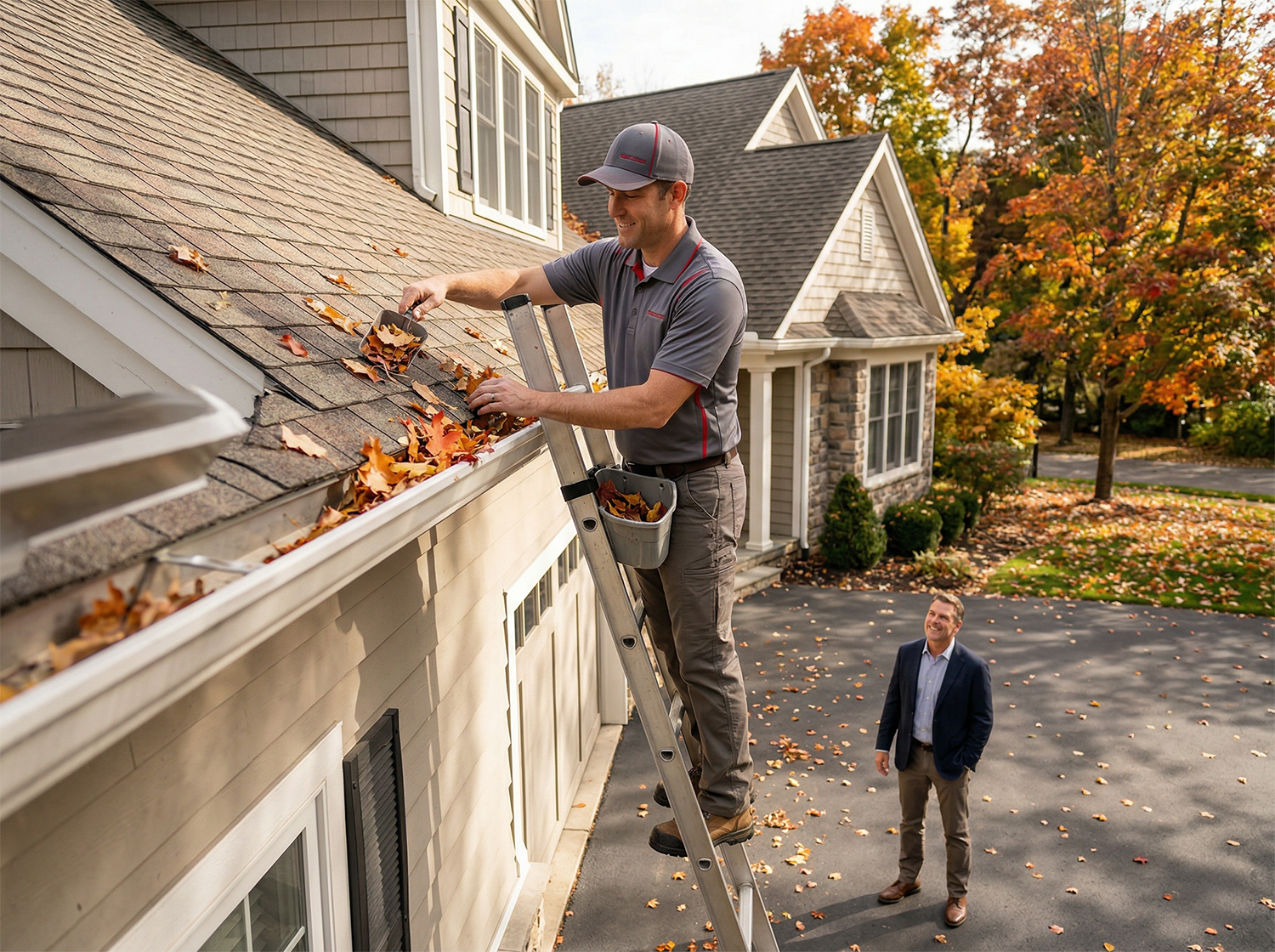 Professional gutter cleaning operator working on a residential property