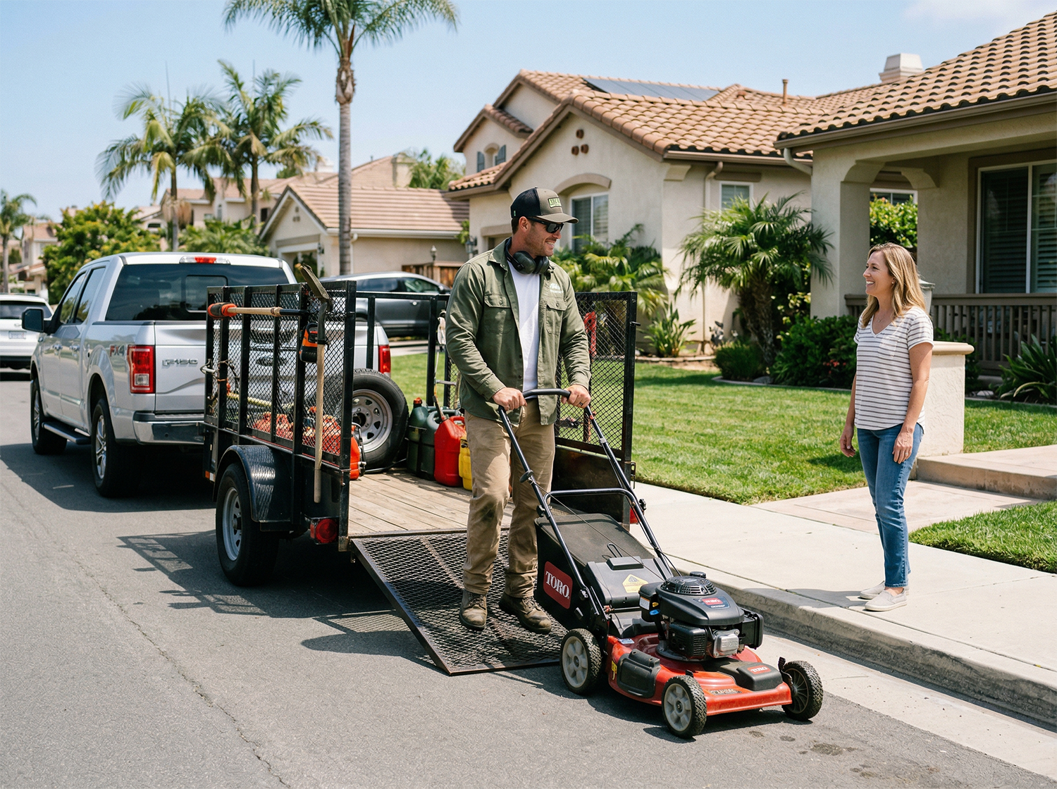 Professional lawn care operator mowing a residential lawn