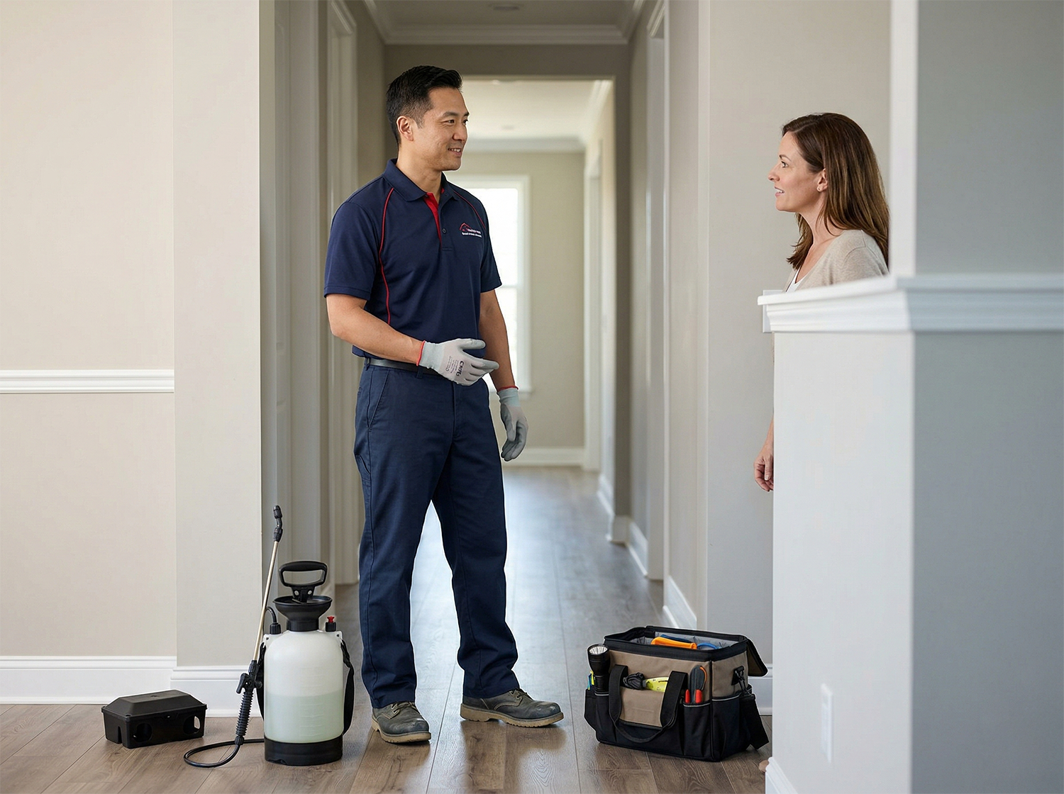 Pest control technician treating a residential property