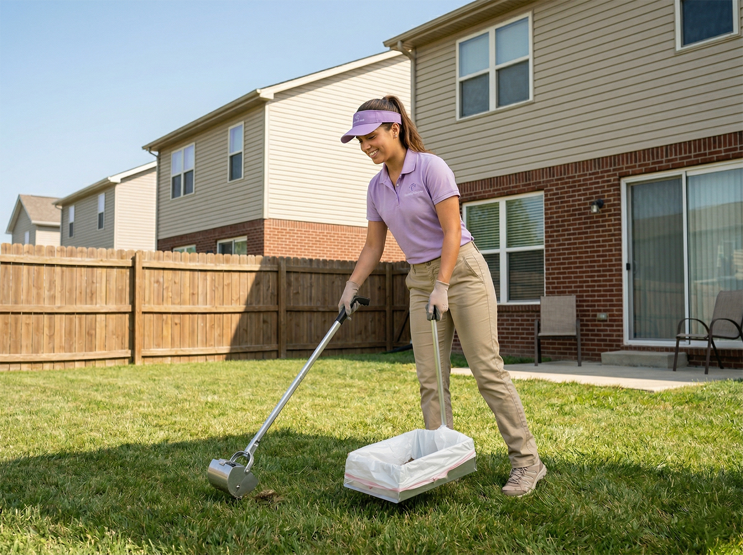 Pet waste removal professional servicing a residential yard
