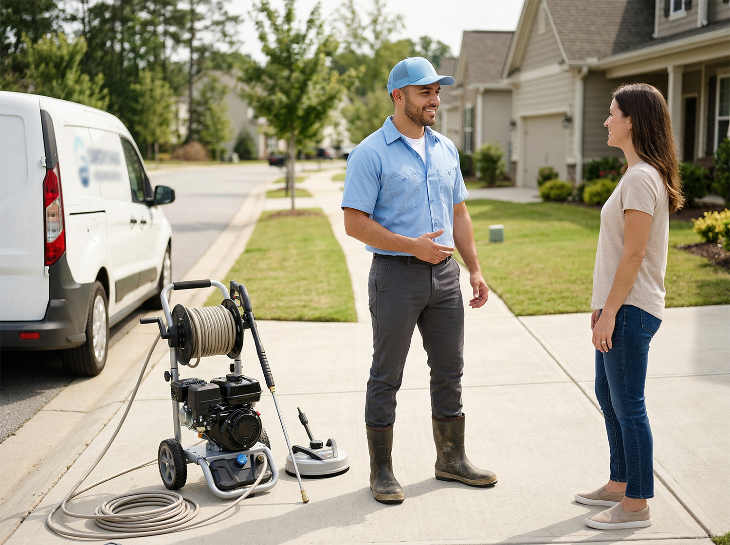 Professional pressure washing a residential driveway