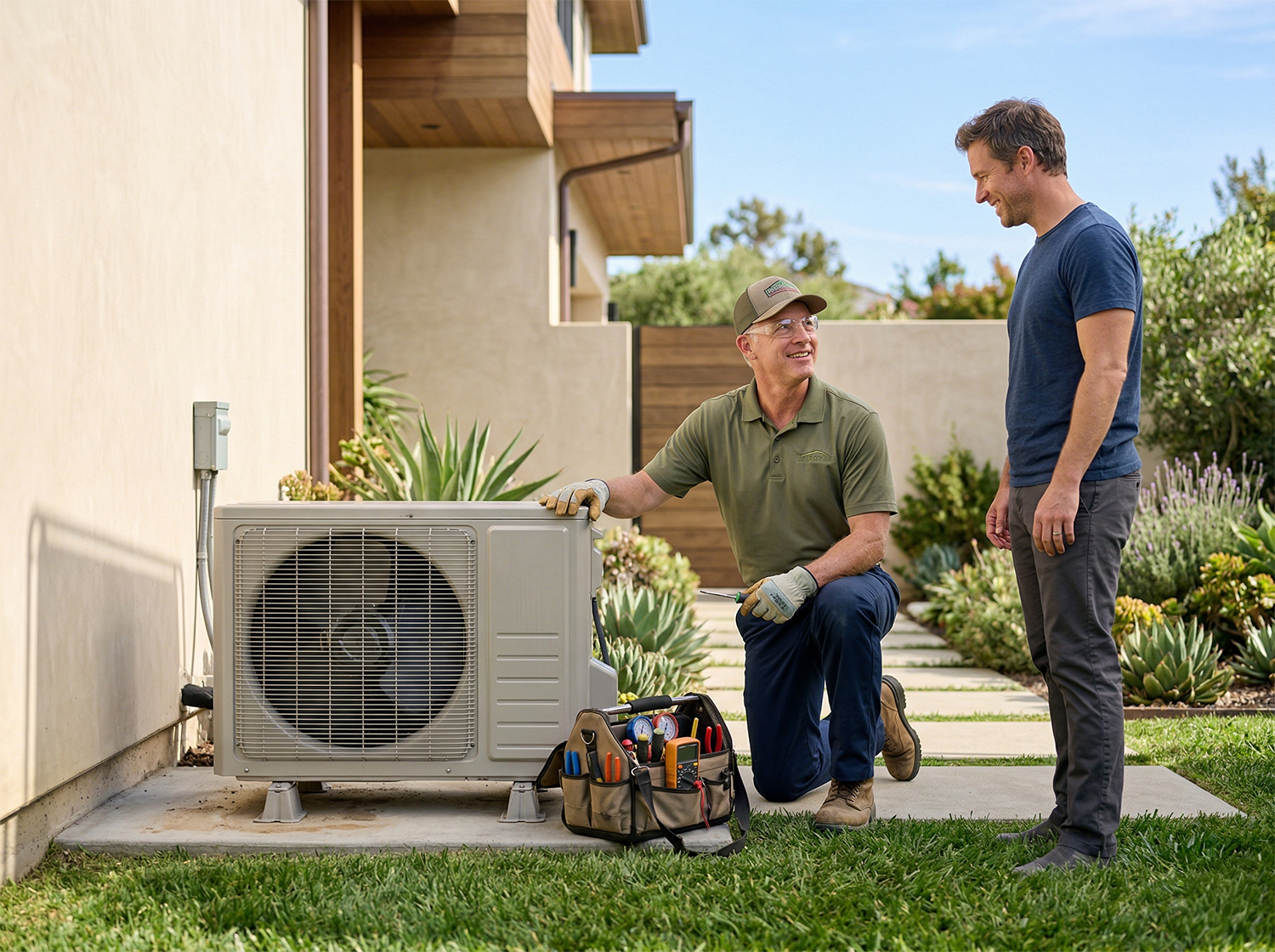 HVAC maintenance technician servicing a residential air conditioning unit