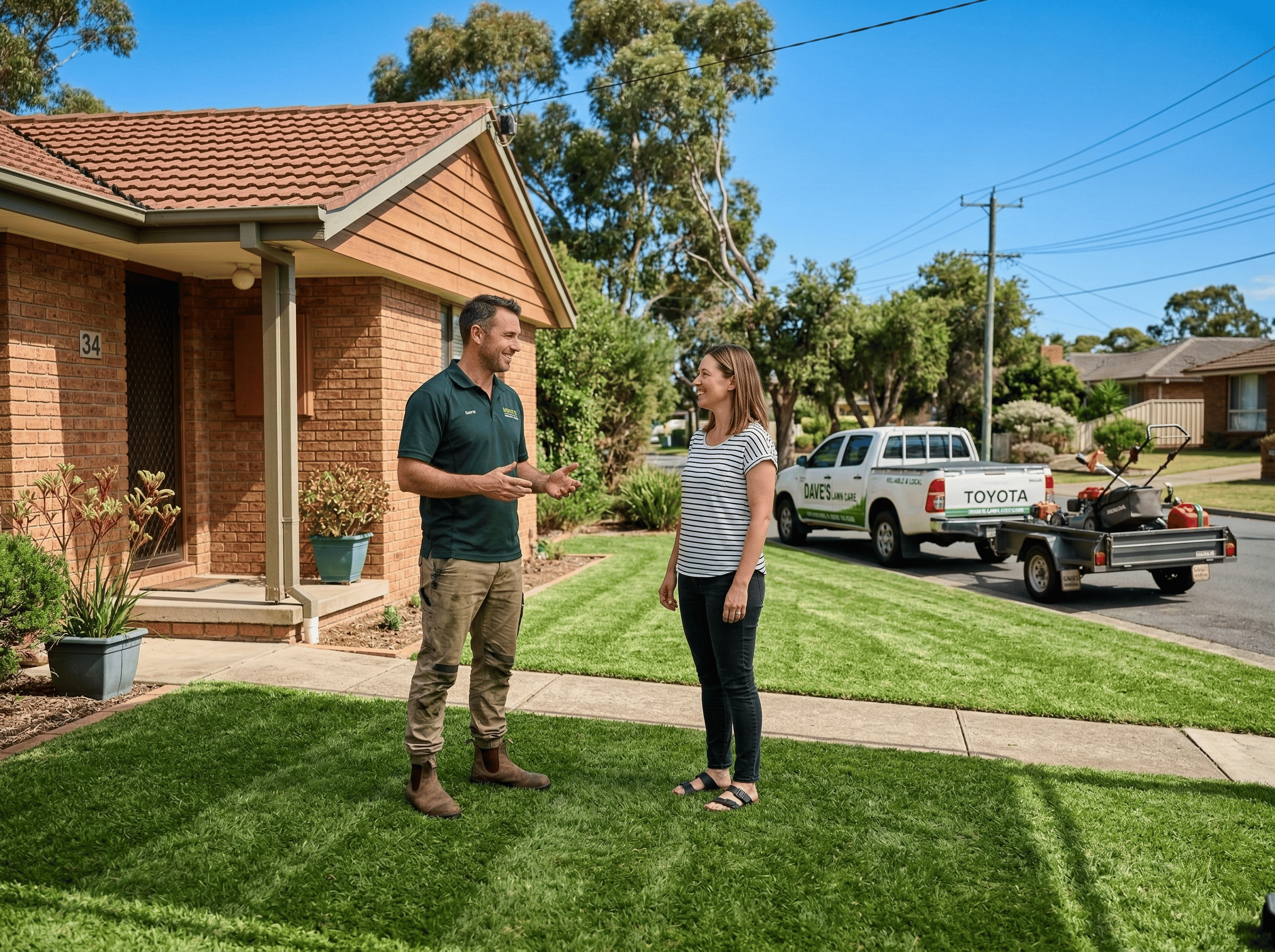 Professional lawn care operator mowing a residential lawn in Australia