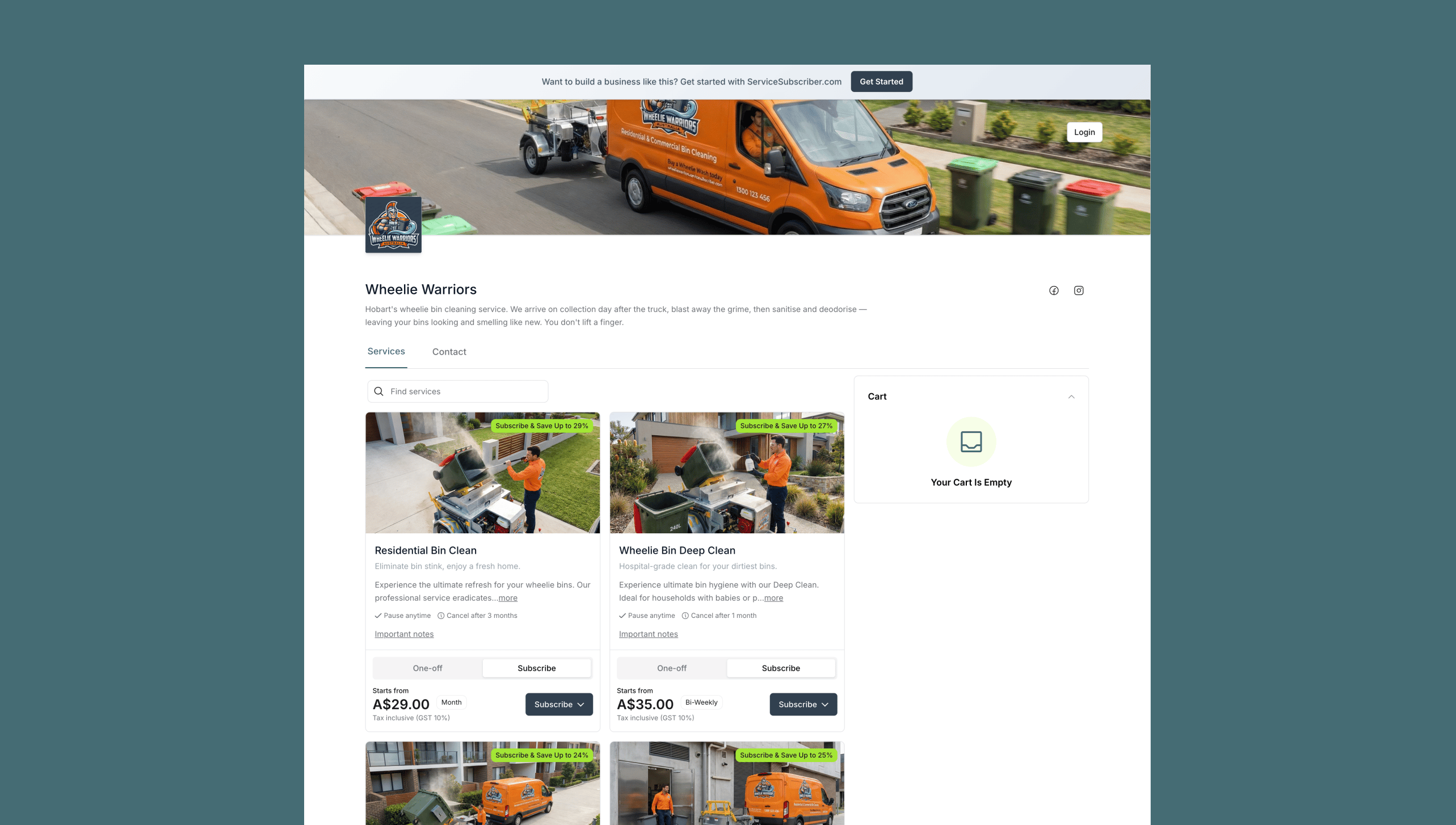 Example bin cleaning business page built on ServiceSubscriber showing services, pricing and subscription options