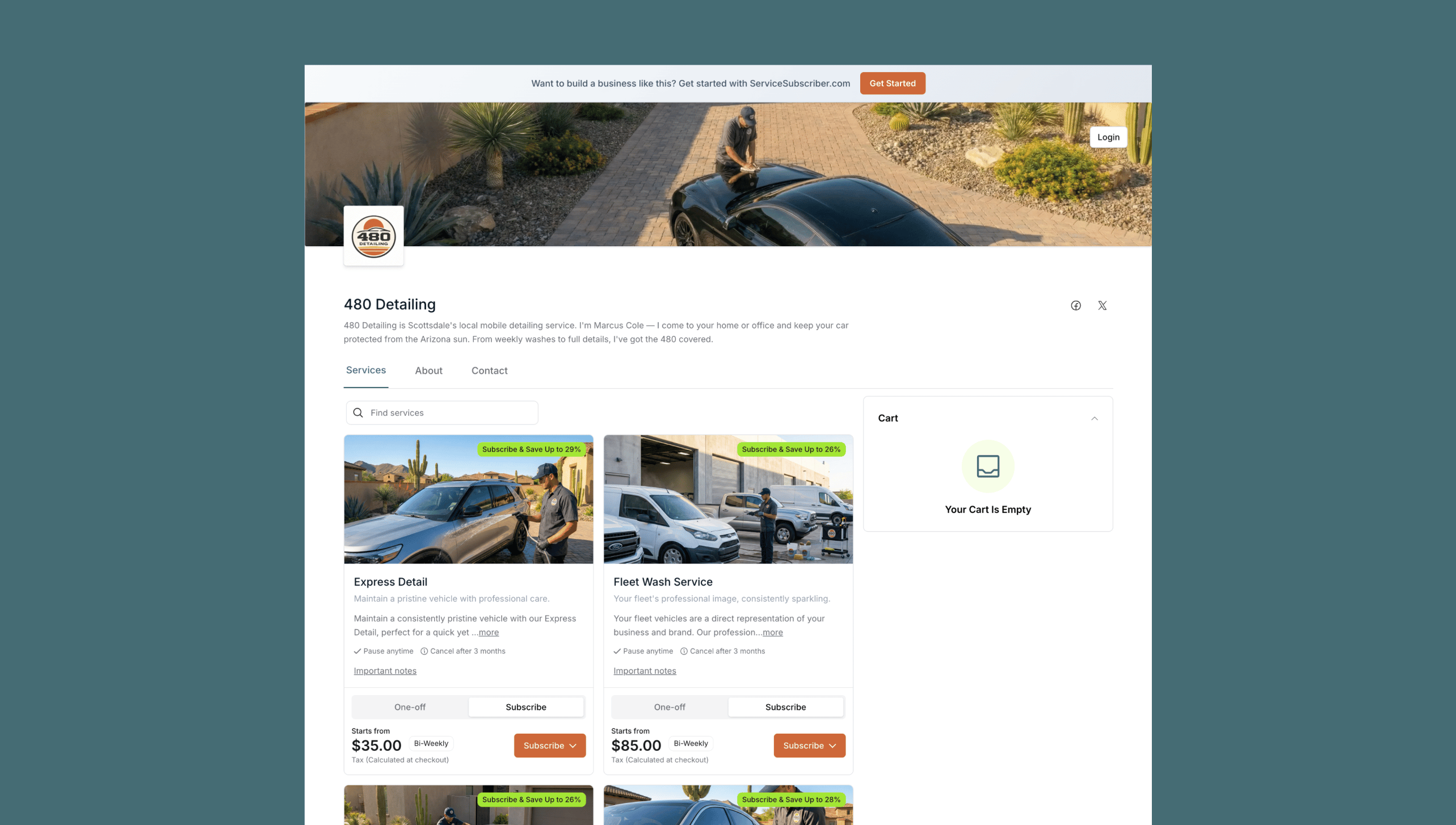 Example mobile car detailing business page built on ServiceSubscriber showing services, pricing and subscription options