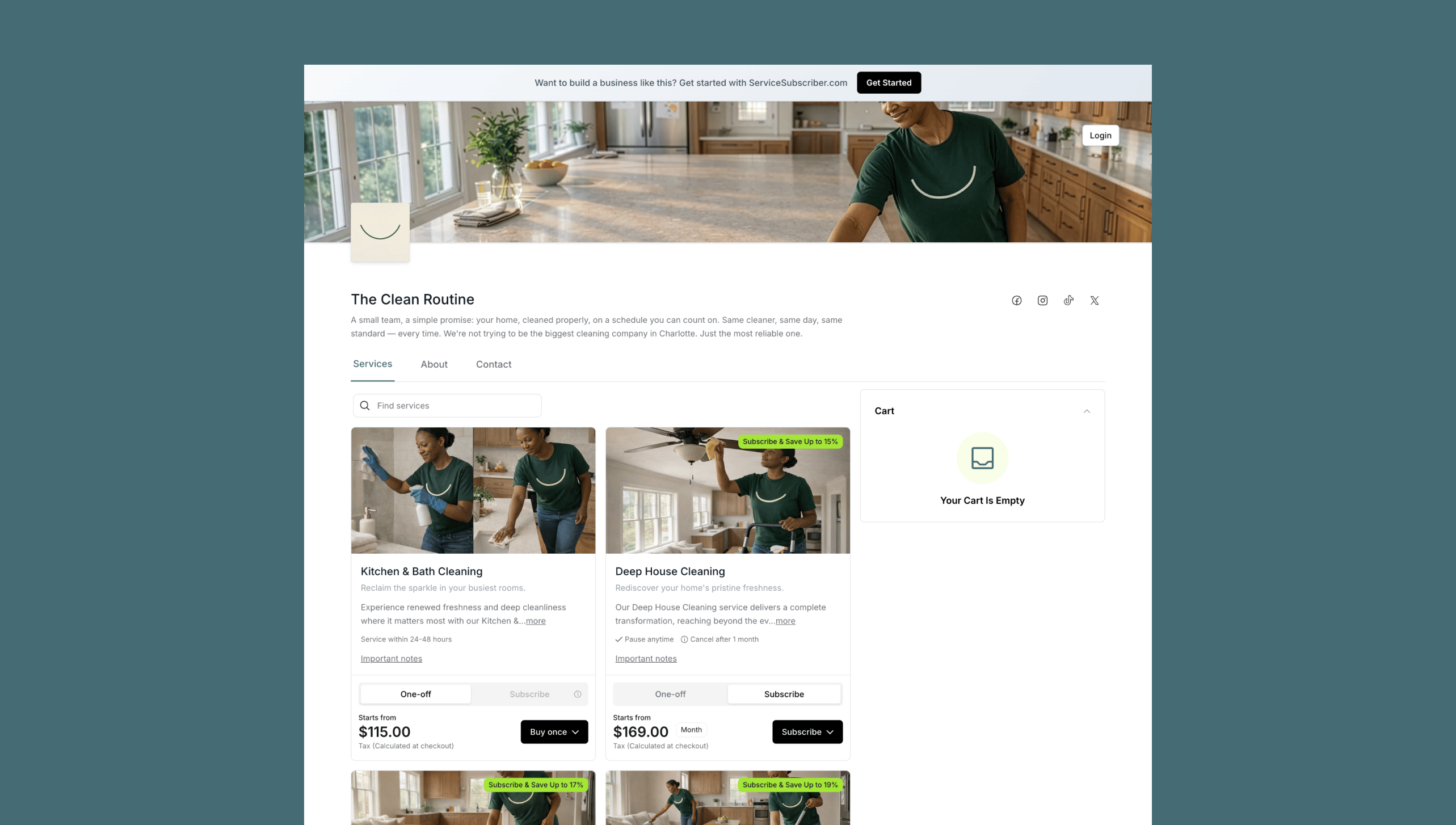 Example cleaning business page built on ServiceSubscriber showing services, pricing and subscription options