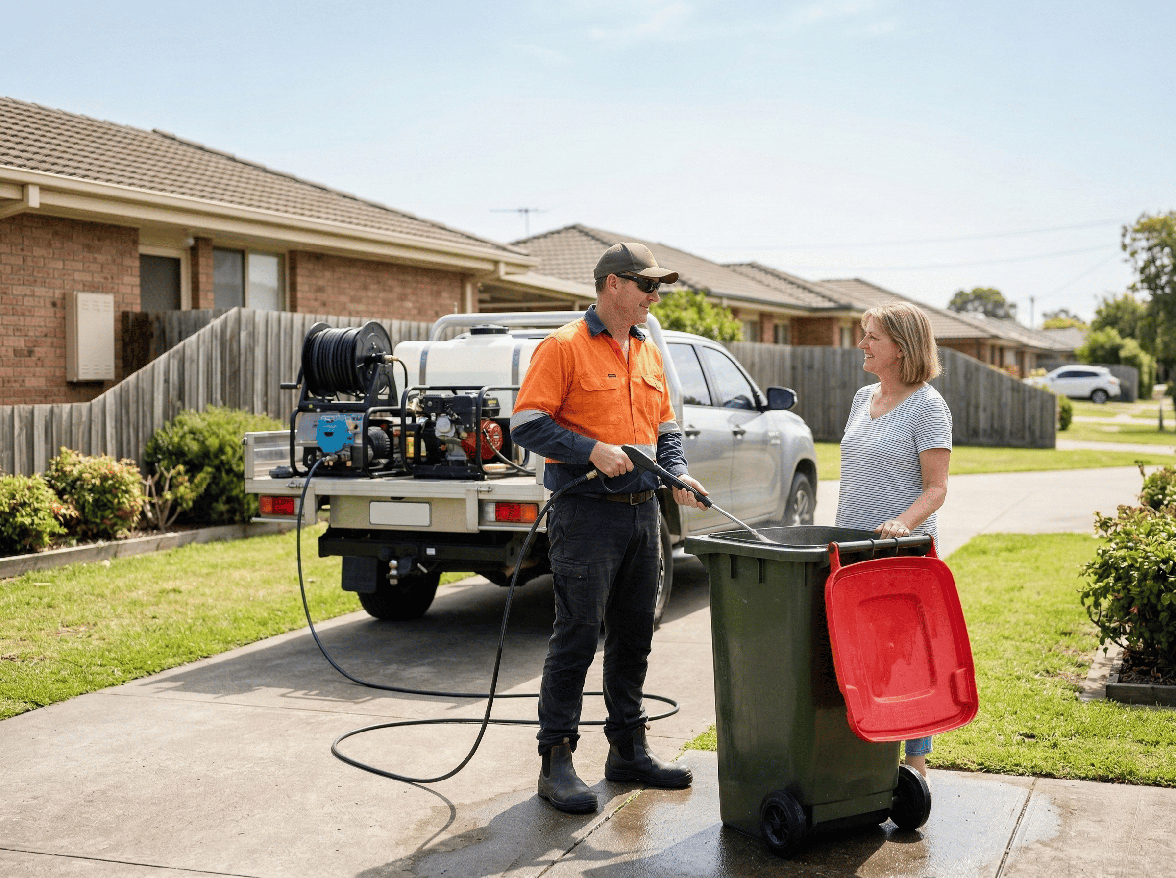 Professional bin cleaning operator cleaning residential wheelie bins in Australia