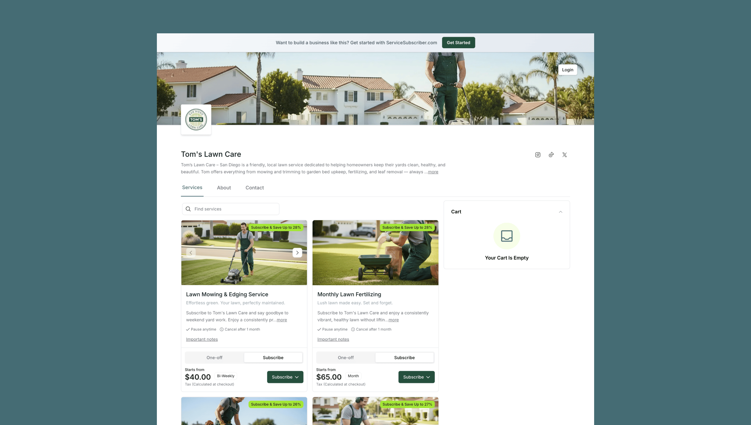 Example lawn care business page built on ServiceSubscriber showing services, pricing and subscription options
