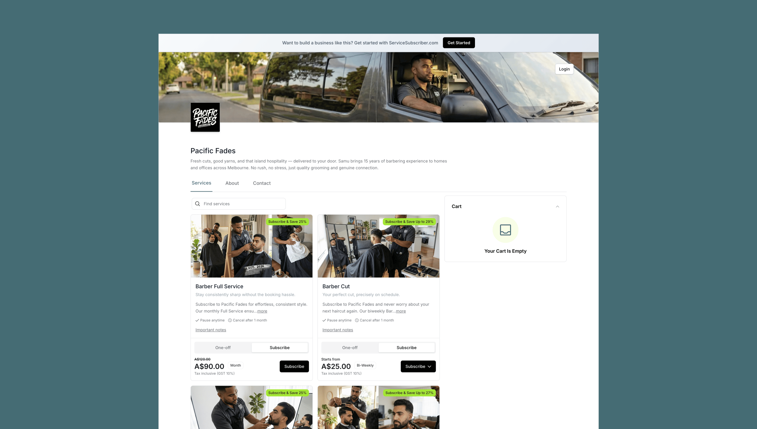 Example mobile barber business page built on ServiceSubscriber showing services, pricing and subscription options
