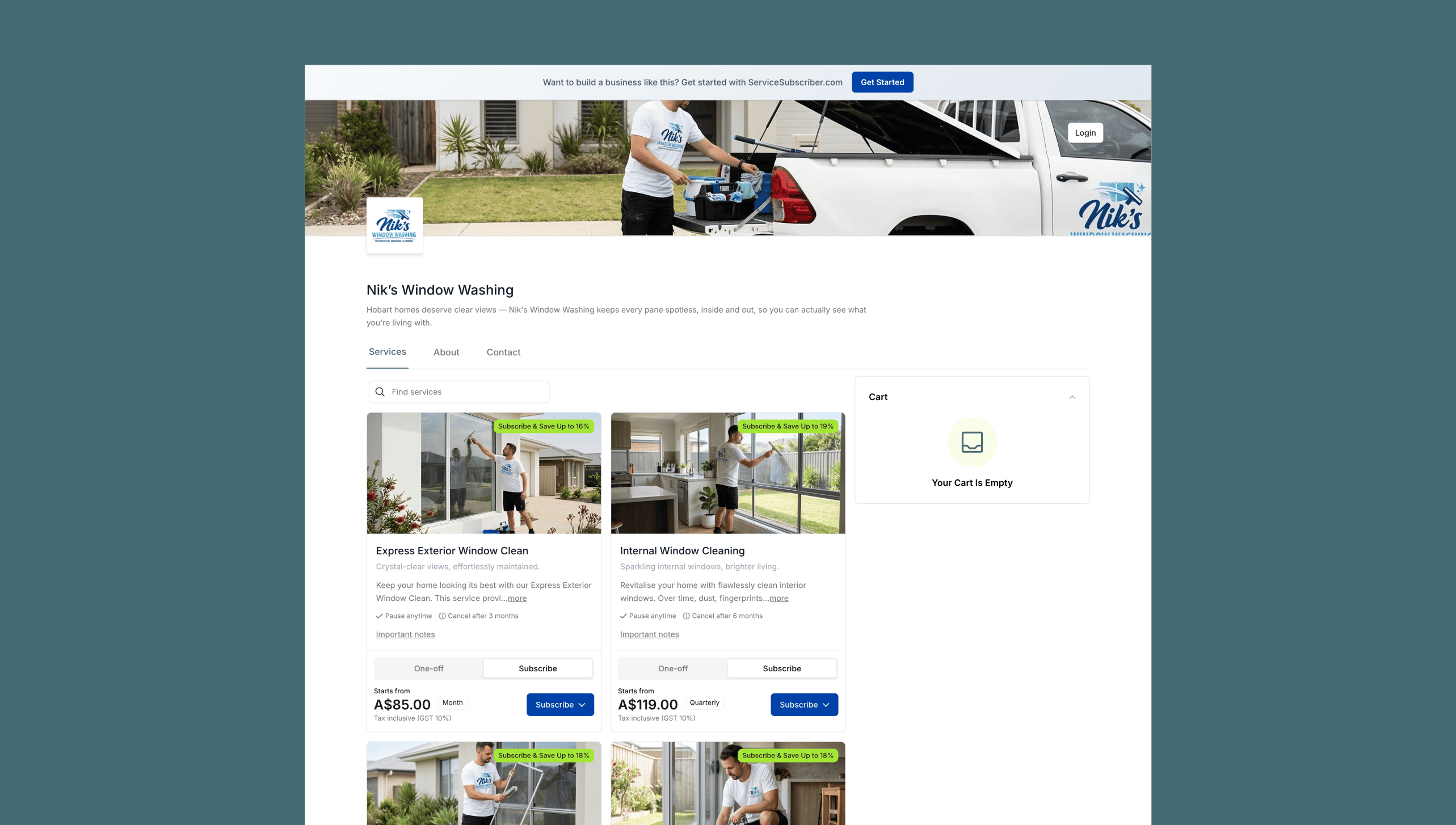 Example window cleaning business page built on Service Subscriber showing services, pricing and subscription options